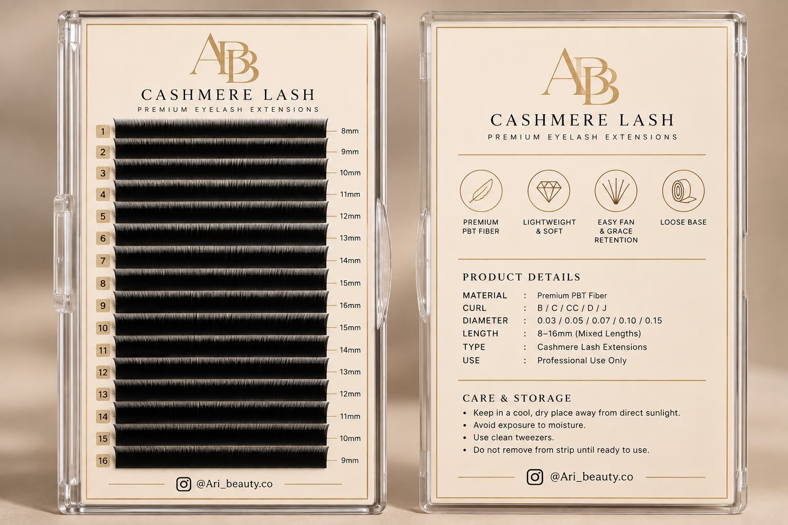 Cashmere Lash extension tray, front and back